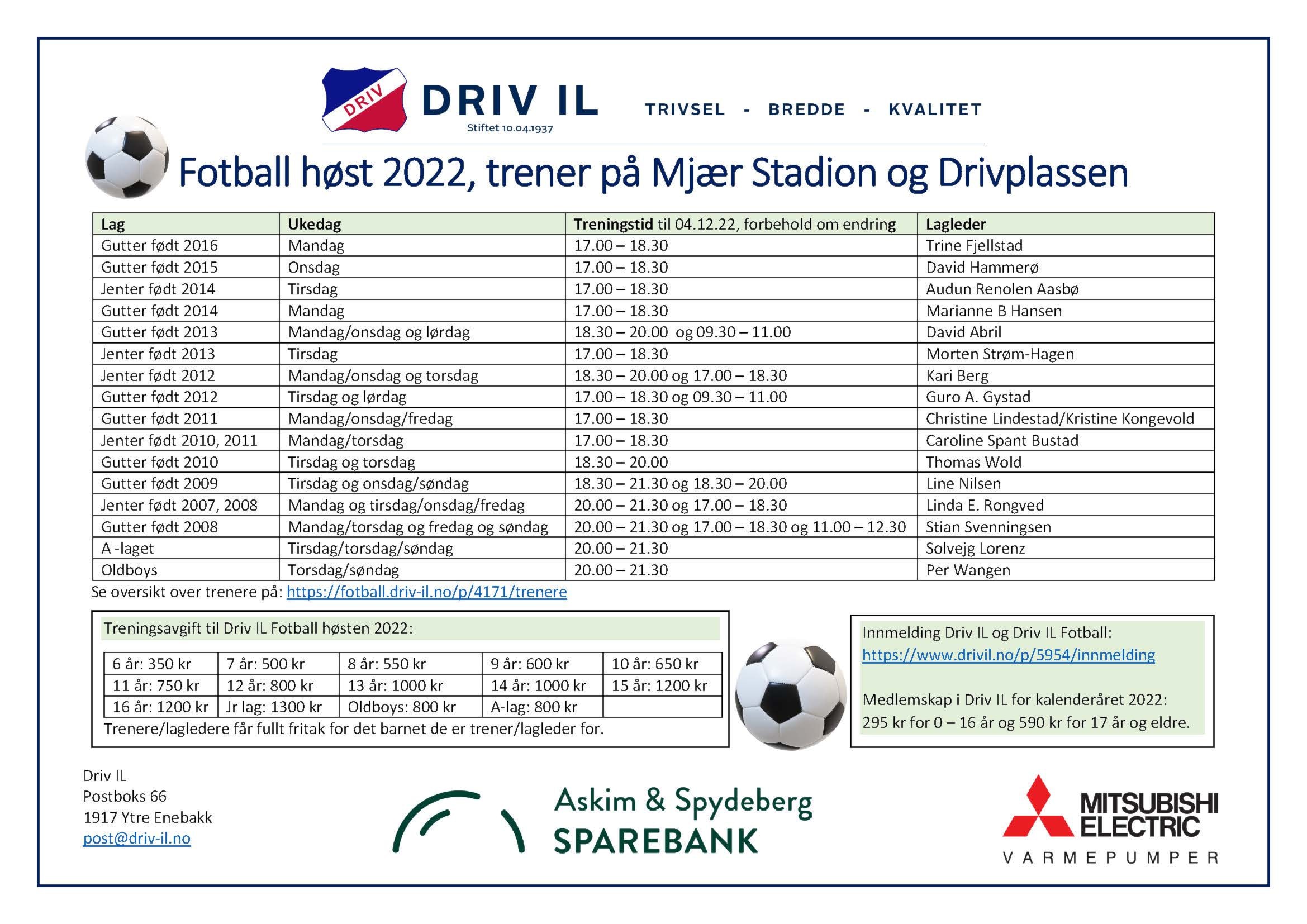 Driv IL Fotball oversikt lag og treningstider høst 2022